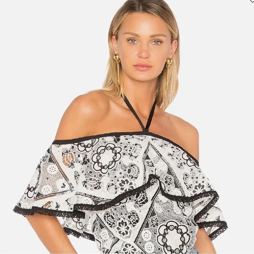 ALEXIS White Guipre Floral Lace Black Ribbon Flutter Off The Shoulder Romper M - Picture 5 of 13